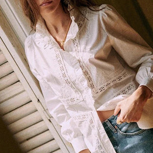 Modestly Yours Rowling Mirror Hollow Out White Cotton Shirt Long Sleeve Button Cardigan Shirt Women's Vintage Office Shirt