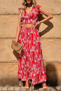 DropshipClothes Two Piece Dresses Fiery Red Multicolor Floral Ruffled Crop Top and Maxi Skirt Set