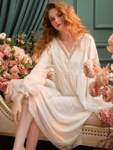 Modestly Yours WHITE / L Vintage Modal Gauze Women Nightgowns Deliacate Embroidery  Princess Sleepwear Loose Royal Nightwear Spring Autumn Home Dress