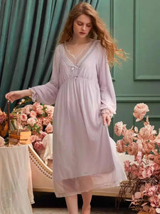 Modestly Yours Lavender / S Vintage Modal Gauze Women Nightgowns Deliacate Embroidery  Princess Sleepwear Loose Royal Nightwear Spring Autumn Home Dress