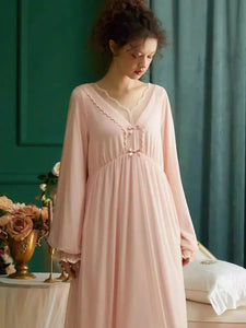 Modestly Yours Pink / M Vintage Modal Gauze Women Nightgowns Deliacate Embroidery  Princess Sleepwear Loose Royal Nightwear Spring Autumn Home Dress