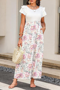White Floral Patchwork Ribbed Maxi Dress with Pockets-5