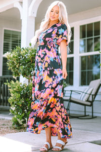 Black Abstract Floral Pattern Flutter Sleeve Tiered Maxi Dress-5