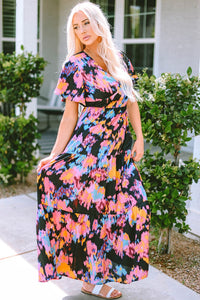 Black Abstract Floral Pattern Flutter Sleeve Tiered Maxi Dress-3