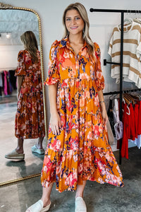Orange Abstract Print Pleated Half Sleeve Buttoned Maxi Dress-8