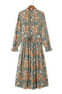 Green Pleated Long Sleeve Maxi Floral Dress with Tie-14
