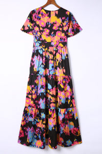 Black Abstract Floral Pattern Flutter Sleeve Tiered Maxi Dress-9
