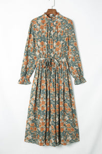 Green Pleated Long Sleeve Maxi Floral Dress with Tie-6
