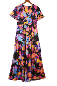 Black Abstract Floral Pattern Flutter Sleeve Tiered Maxi Dress-16