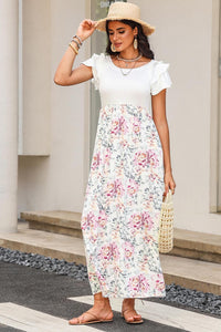White Floral Patchwork Ribbed Maxi Dress with Pockets-3