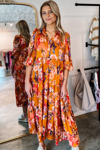 Orange Abstract Print Pleated Half Sleeve Buttoned Maxi Dress-5