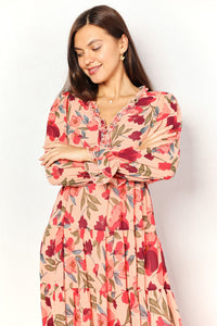 Double Take Floral Frill Trim Flounce Sleeve Plunge Maxi Dress-6