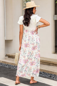 White Floral Patchwork Ribbed Maxi Dress with Pockets-1