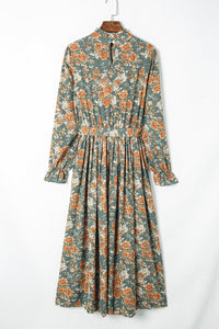 Green Pleated Long Sleeve Maxi Floral Dress with Tie-7