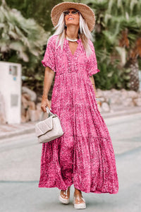 Pink Paisley Print Boho Holiday Ruffle Tiered Maxi Dress-7