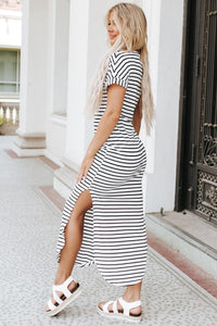 Black Striped Print Side Split Short Sleeve V Neck Maxi Dress-2