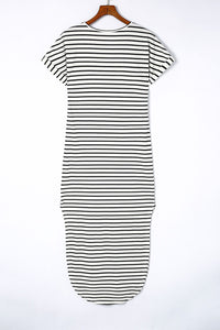 Black Striped Print Side Split Short Sleeve V Neck Maxi Dress-8