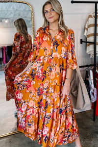 Orange Abstract Print Pleated Half Sleeve Buttoned Maxi Dress-4