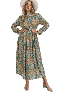 Green Pleated Long Sleeve Maxi Floral Dress with Tie-5