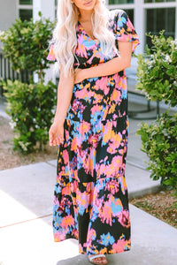 Black Abstract Floral Pattern Flutter Sleeve Tiered Maxi Dress-7