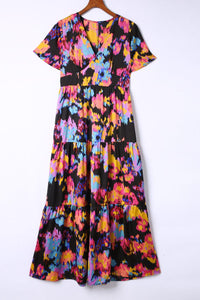 Black Abstract Floral Pattern Flutter Sleeve Tiered Maxi Dress-8