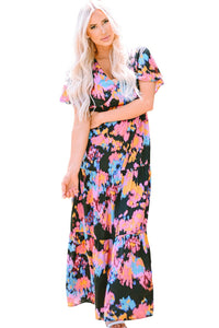 Black Abstract Floral Pattern Flutter Sleeve Tiered Maxi Dress-17