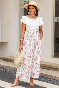 White Floral Patchwork Ribbed Maxi Dress with Pockets-0