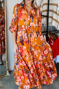 Orange Abstract Print Pleated Half Sleeve Buttoned Maxi Dress-0