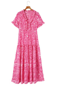 Pink Paisley Print Boho Holiday Ruffle Tiered Maxi Dress-14