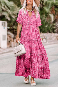 Pink Paisley Print Boho Holiday Ruffle Tiered Maxi Dress-5
