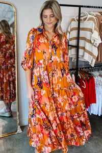 Orange Abstract Print Pleated Half Sleeve Buttoned Maxi Dress-6