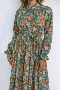 Green Pleated Long Sleeve Maxi Floral Dress with Tie-4