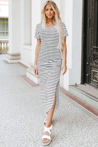 Black Striped Print Side Split Short Sleeve V Neck Maxi Dress-0