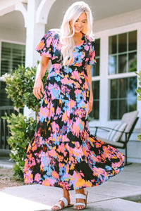 Black Abstract Floral Pattern Flutter Sleeve Tiered Maxi Dress-0
