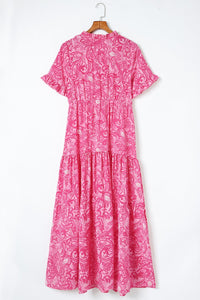 Pink Paisley Print Boho Holiday Ruffle Tiered Maxi Dress-9