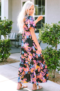 Black Abstract Floral Pattern Flutter Sleeve Tiered Maxi Dress-4
