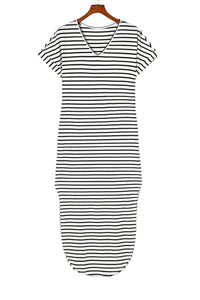 Black Striped Print Side Split Short Sleeve V Neck Maxi Dress-14