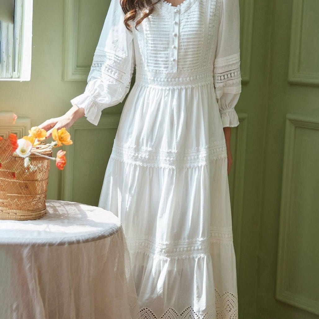Annie's Eyelet Lace White Dress, Cotton - Modestly Yours