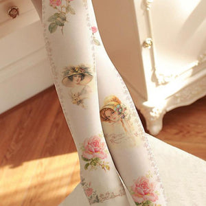 Autumn And Winter 2021 New 80d Rose Velvet Leg Tights Printing Stockings Wholesale Vintage Beauty Potrait And Rose Flower RR04 - Modestly Yours