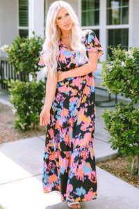 Black Abstract Floral Pattern Flutter Sleeve Tiered Maxi Dress-6