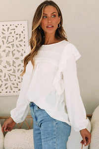 Avigail Designs (TM) Blouses & Shirts White Lace Eyelet Ruffle Shoulder Long Sleeve Blouse