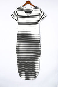 Black Striped Print Side Split Short Sleeve V Neck Maxi Dress-7