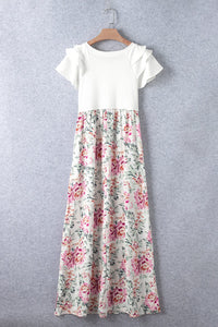 White Floral Patchwork Ribbed Maxi Dress with Pockets-7