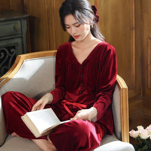 Cottage Holiday Nightgown, Pants set, Velour M-XL Burgandy or Dark Green - Modestly Yours