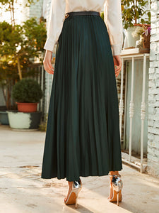 Cotton Belted Pleated Maxi Skirt, Apricot and Emerald Green - Modestly Yours