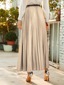 Cotton Belted Pleated Maxi Skirt, Apricot and Emerald Green - Modestly Yours