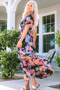 Black Abstract Floral Pattern Flutter Sleeve Tiered Maxi Dress-2