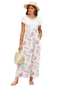 White Floral Patchwork Ribbed Maxi Dress with Pockets-13
