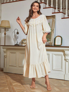 Diana, Floral Embroidery Contrast Lace Ruffle Hem Nightdress (S-XL) - Modestly Yours