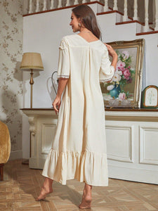 Diana, Floral Embroidery Contrast Lace Ruffle Hem Nightdress (S-XL) - Modestly Yours